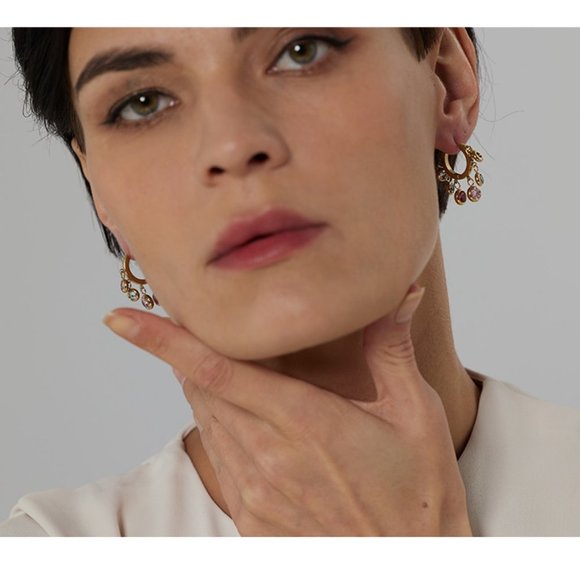 ^NEW 18K Gold Plated Round Diamond Drop Huggie Hoop Earrings - Picture 2 of 9